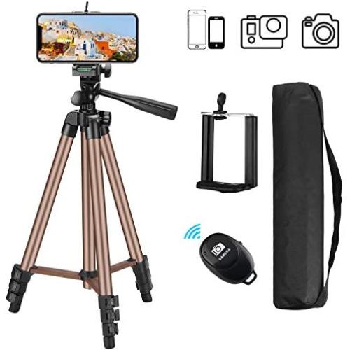 Phone Tripod with Wireless Remote, Eocean 50-inch Universal Tripod for Cellphone, Gopro and Camera with Universal Clip, Compatible with iPhone 11 Max Pro/Galaxy Note 9/S9/Google (Brown)
