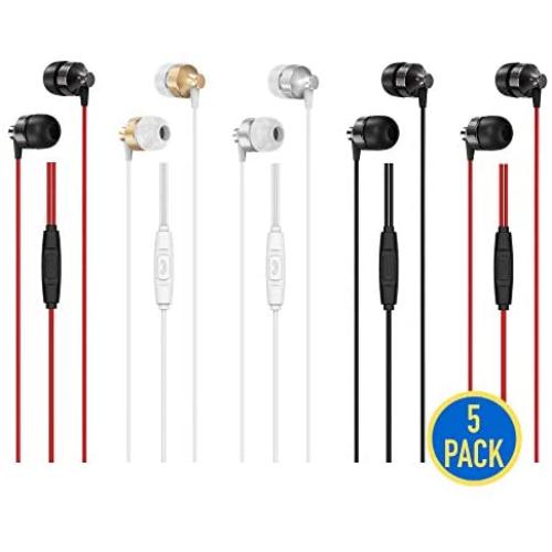 5 Pack Earbud Headphones with Microphone & Remote (G08), 3.5mm in-Ear Stereo Sound Corded Earphones Headsets Accessory Compatible with iOS Android Smartphone, Laptop, MP3, Gaming, Chromebook