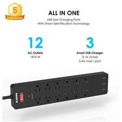 Flat Plug Power Strip Surge Protector, 3 USB Ports 12 Outlets Strip, 6 Extension Cord Power Strip, 1875W 1700 Joules 5V 3.1A USB Surge Protector Outlet Plug Black, Meet All Your Needs by Jf.egwo