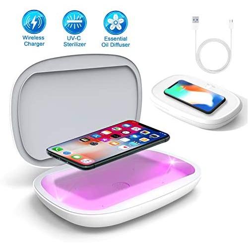 UV Smart Phone Sanitizer, Portable Aromatherapy Function Disinfector, Phone Cleaner for iOS Android Mobile Phone with Fast Wireless Charging for Cell Phone/Cash/Pacifiers