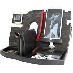 BarvA Wood Dock-ing Station Tray Cell-Phone Smart-Watch Holder Men Charging Accessory Night-Stand Father Mobile Gadget Dark Organizer Dresser Wallet Storage Adult Anniversary Birth-day Graduation Gift