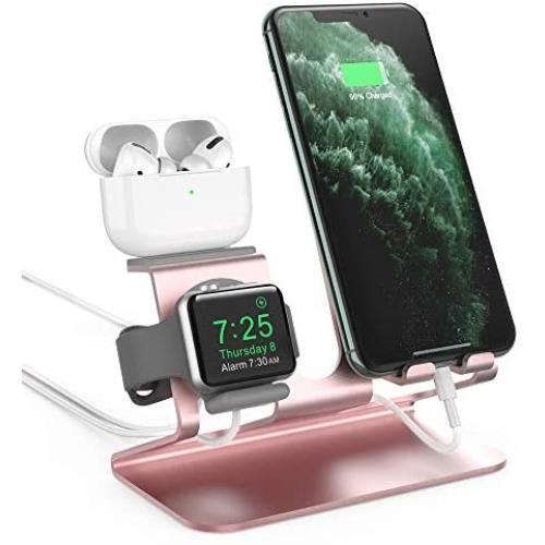 AhaStyle 3 in 1 Charging Stand Dock Aluminum Desktop Holder for Cell Phone, AirPods Pro/AirPods 2/ AirPods and Apple Watch Series 5/4/3/2/1(Rose Gold)