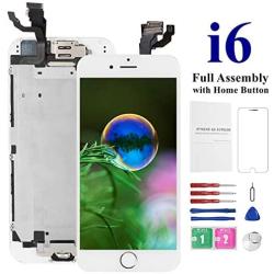 Screen Replacement for iPhone 6 [White] with Home Button, Mobkitfp Pre-Assembled LCD Display Digitizer with Camera+Earpiece+Sensors for A1549, A1586, A1589, Include Repair Tools+Magnetic Screw Mat