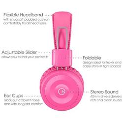 Kids Headphones-noot products K22 Foldable Stereo Tangle-Free 3.5mm Jack Wired Cord On-Ear Headset for Children/Teens/Girls/Smartphones/School/Kindle/Airplane/Plane/Tablet-Flamingo Pink/Gray