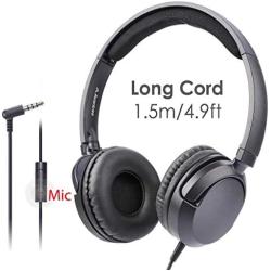 Avantree Superb Sound Wired On Ear Headphones with Microphone, 1.5M / 4.9FT Long Cord with Mic for Adults, Students, Kids, Comfortable Headsets for PC Computer, Laptop, Tablet, Phone - 026 Black