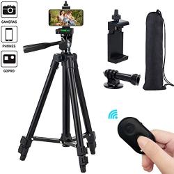 Phone Tripod, 51’’ Extendable Lightweight Aluminum Phone Tripod Stand with Cell Phone Mount Holder & Bluetooth Remote, Tripod for iPhone/Android/Smartphone & Camera (Black)