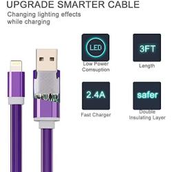 3ft Visible Flowing LED USB Cable Sync Data Fast Charger Cord for iPhone 11/ iPhone Xs MAX/XR/ /8/8 Plus/7/7 Plus/6/6 Plus, iPod and iPad and More-with Cell Phone Finger Ring Stand（Purple