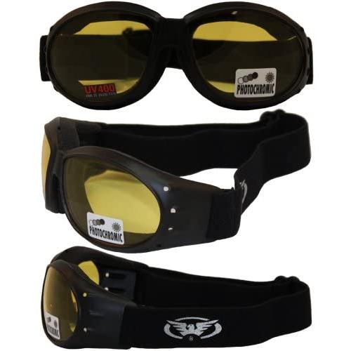 Eliminator 24 Yellow Tint-Transitional Lens Red Baron Motorcycle Aviator Riding Goggles Day Night With Photocromatic Transition Lenses (Yellow to Smoke) Boxed and Includes Micro Fiber Pouch for Storage and Safe Cleaning.