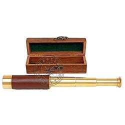 Hanzla Collection Leather Stitched Polished Brass Handheld Telescope 14" Nautical Pocket Gift Pirate Spyglass with Wooden Box