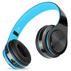 Wireless Headset with Mic, Foldable Bluetooth Headphone with 3.5mm Audio Jack, Built-in Noise Cancelling Microphone, Support for Plug-in Card, for PC, Phone(Black+Blue)