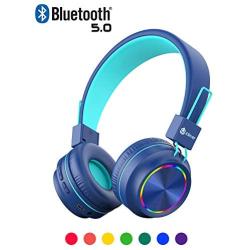 iClever BTH03 Kids Wireless Headphones, Colorful LED Lights Kids Headphones with MIC, 25H Playtime, Stereo Sound, Bluetooth 5.0, Foldable, Childrens Headphones on Ear for Study Tablet Airplane, Blue