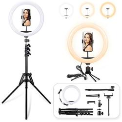 LED Ring Light with Tripod Stand, 12 inch Dimmable Live Light Kit, 3 Color Modes and 10 Brightness, USB Powered, Heighten Hose, Desktop Stand, Phone Holder for Live Streaming, Video Shooting, Camera