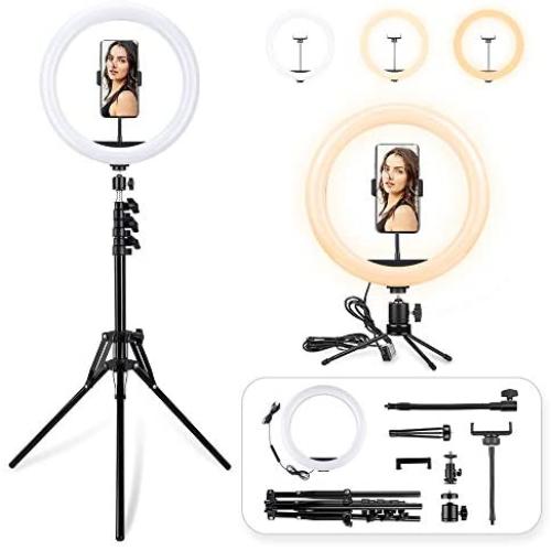 LED Ring Light with Tripod Stand, 12 inch Dimmable Live Light Kit, 3 Color Modes and 10 Brightness, USB Powered, Heighten Hose, Desktop Stand, Phone Holder for Live Streaming, Video Shooting, Camera
