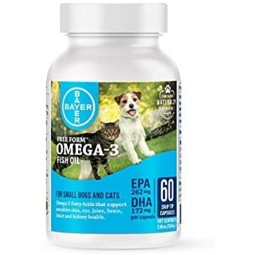 Bayer Free Form Snip Tips Gel Capsules, Omega-3 Fish Oil, Fatty Acids for Cardiovascular, Joint, Cognitive, Kidney, Ocular Health, Dogs with High Levels of EPA and DHA