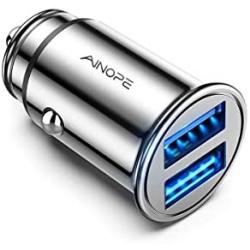 AINOPE Car Charger, 4.8A All Metal Car Charger Adapter Dual USB Port Fast Car Charging Mini Flush Fit Compatible with iPhone Xs max/XR/x/7/6s, iPad Air 2/Mini 3, Note 9/Galaxy S10/S9/S8 – Silver