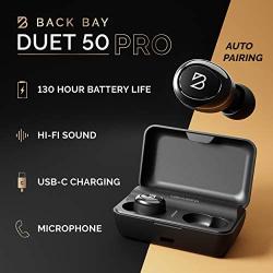 Duet 50 Pro - Wireless Bluetooth Earbuds. 130 Hour Long Battery Life for iPhone, Android. [Featured in Forbes] Phone Charger Mini Power Bank Case, Sweatproof TWS Headphones. aptX Sound for Running