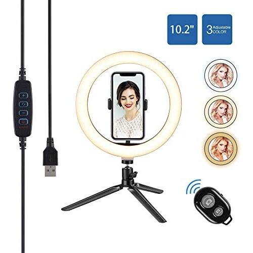 Cliusnra LED Selfie Ring Light: 10.2" Small Tripod Stand Phone Holder Kit YouTube Video iPhone Ipad Photography Photo Vlog Makeup Dimmable Warm/White/Natural O-Light for Desk Floor Large USB Halo Lamp