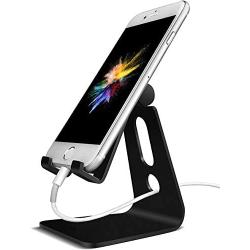 Emoly Adjustable Cell Phone Stand, 2020 Aluminum Desktop Cellphone Stand with Anti-Slip Base and Convenient Charging Port, Fits All Smart Phones (Black)