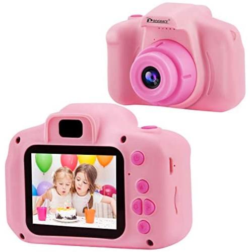 PROGRACE Kids Camera Children Digital Video Cameras for Girls Birthday Toy Gifts 4-12 Year Old Kid Action Camera Toddler 2 Inch IPS 1080P(Pink)