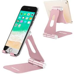 Adjustable Cell Phone Stand, Multi-Angle Tablet Stand Desk Cell Phone Holder with Anti-Slip Base and Convenient Charging Port Universal Aluminum Stand for All Smartphones and Tablets - Rose Gold