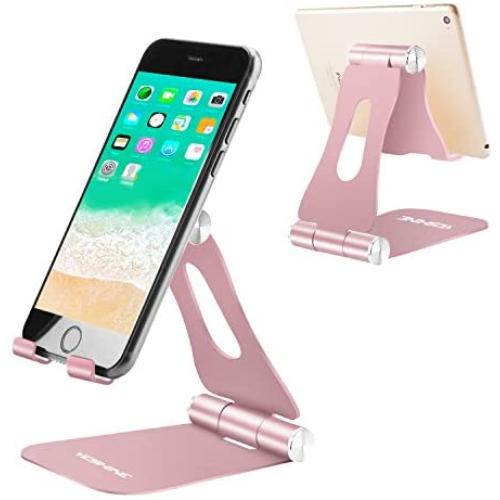 Adjustable Cell Phone Stand, Multi-Angle Tablet Stand Desk Cell Phone Holder with Anti-Slip Base and Convenient Charging Port Universal Aluminum Stand for All Smartphones and Tablets - Rose Gold