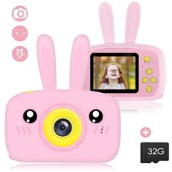 Fealay Kids Camera, Cute Rabbit Shape Digital Video Camera with 12MP 2 Inch Large Screen, Mini Rechargeable and Shockproof Camera Creative DIY Camcorder for Little Girl with 32GB SD Card (Pink)