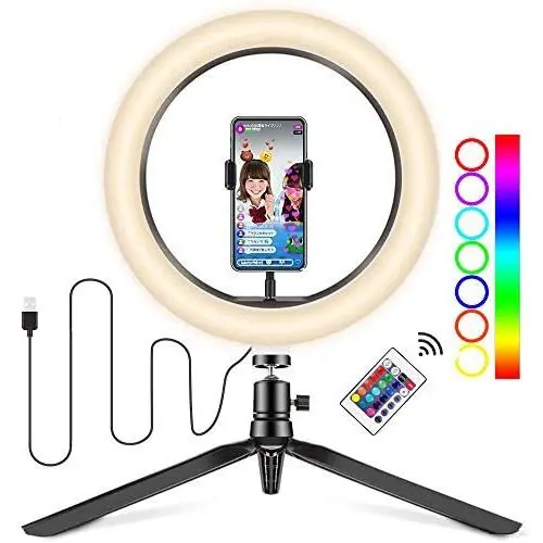 10&quot Selfie Ring Light with Tripod Stand & Cell Phone Holder,Dimmable Led Desk Makeup Ring Light, 4 Light Modes and 16 Color Modes Fill Light for Live Streaming YouTube Video Photo Photography