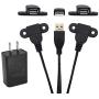 USB 2.0 Male to Dual Female Charging Extension Cable, Furniture nightstand USB Charging Port, Panel Mount Cable with Screw Hole 5ft (1 pc and Adapter)
