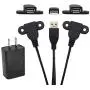 USB 2.0 Male to Dual Female Charging Extension Cable, Furniture nightstand USB Charging Port, Panel Mount Cable with Screw Hole 5ft (1 pc and Adapter)