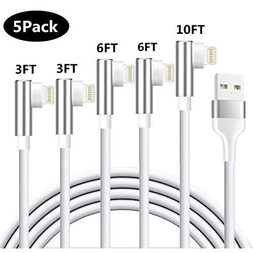 iPhone Charger Cable SHARLLEN 90 Degree Durable Lightning Cable 5Pack (3/3/6/6/10ft) Fast Charging Data Sync Transfer Right Angle iPhone Cord Compatible iPhone 11/XS/Max/XR/X/8/8P/7/7P/6/6S/iPad White