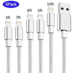 TUUBEE 5Pack[3/3/6/6/10FT] Nylon Braided Cell-Phone Charging Cable USB Fast Charging & Syncing Long Cord,iPhone Charger Compatible iPhone XS/Max/XR/X/8/8P/7/7P/6/iPad/iPod (Silver)