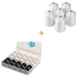 Simthread Embroidery Thread Essential Pack Bundle | 15White + 10Black Prewound Bobbin & 6 White Machine Embroidery Threads