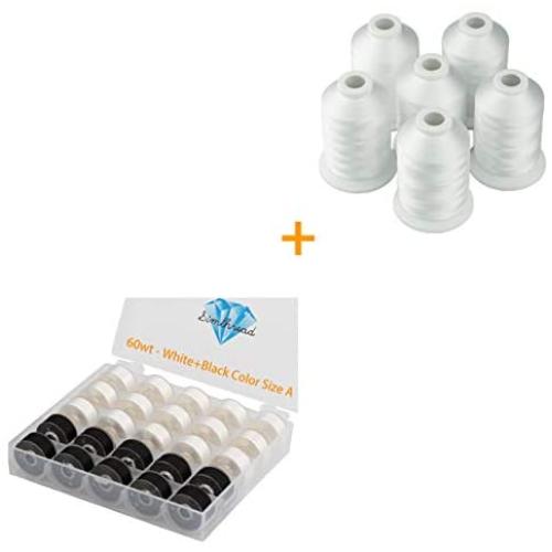 Simthread Embroidery Thread Essential Pack Bundle | 15White + 10Black Prewound Bobbin & 6 White Machine Embroidery Threads