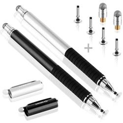 MEKO(TM) (2 Pcs)[2 in 1 Precision Series] Disc Stylus/Styli Bundle with 4 Replaceable Disc Tips, 2 Replaceable Fiber Tips for All Touch Screen Devices - (Black/Silver)