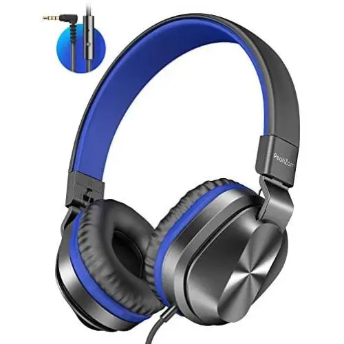 PeohZarr On-Ear Headphones New Version with Microphone, Lightweight Folding Stereo Bass Headphones with 1.5M Tangle Free Cord, Portable Wired Headphones for Smartphone Laptop Computer MP3/4-Blue