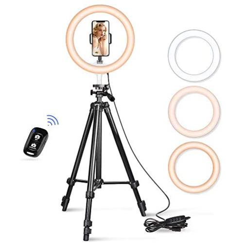 10.2” Selfie Ring Light, Aureday 50” Extendable Tripod Stand with Phone Holder for Makeup & YouTube Live Stream, Dimmable LED Lightning with Remote, Compatible with iPhone & Android Phone