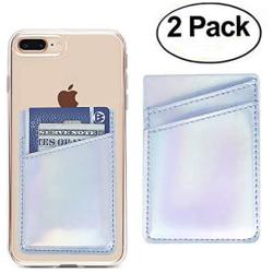 Oddss 2 Pack Cell Phone Card Holder Sticker on Back of Phone Holographic Iridescent Silver PU Leather Wallet Pocket Pouch Sleeves Cover Compatible for iPhone,Samsung Galaxy,Android Smartphones