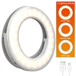 Selfie Light Ring Lights LED Circle Mini Light, Rechargeable 3 Light Modes Makeup Fill Light Cell Phone Tablet Laptop Camera Photography Livestream Video Lighting Clip