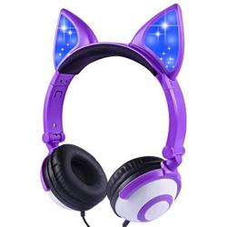 Isightguard Kids Headphones, Wired Headphones On Ear, Cat Ear Headphones with LED for Girls, 3.5mm Audio Jack for Cell Phone (Purple)