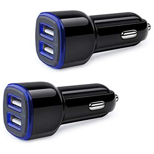 2-Pack Car Charger Adapter Compatible Samsung Galaxy A10E/A20E/A50/A70, S10+/9/8/7, iPhone 11/XS/MAX/XR/X/8/7/6/Plus, iPad Pro, Moto, 2.4A Dual USB Port Car Charger, Smart IC PowerDrive Fast Charging