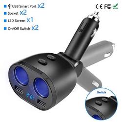 Rocketek USB Car Charger Splitter Adapter, 2 Socket Cigarette Lighter Multi Power Outlet 12V/24V 80W DC with LED Voltmeter Switch Dual USB Port for Mobile Phone Tablet GPS Dash Cam Samsung Tomtom