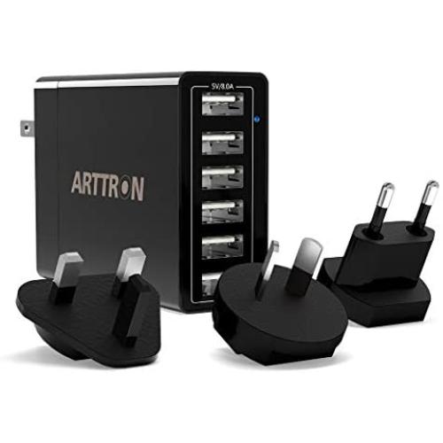 USB Wall Charger, Arttron 40W 6-Port USB Fast Charger, Universal Travel Adapter, for iPhone 11/XS Max/XR/X/8/7/6 Plus, iPad Pro/Mini, Samsung Galaxy/Note/Edge, LG, Nexus, HTC, Google Pixel and More.