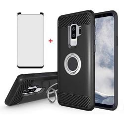 Samsung Galaxy S9 Plus Cell Phone Case with Friendly Tempered Glass Screen Protector Accessories Magnetic Ring Holder Stand Kickstand Protective Cover for Glaxay S9plus S9+ 9S Edge S 9 9plus Women Men