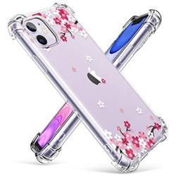 GVIEWIN iPhone 11 Case, Clear Flower Design Soft & Flexible TPU Ultra-Thin Shockproof Transparent Bumper Protective Floral Cover Case for iPhone 11 6.1 Inch 2019 (Peach Blossom/Pink)