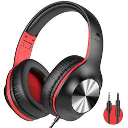 iClever Over Ear Headphones with Microphone - Foldable Lightweight Stereo Headphones, Adjustable Wired Headphones with 3.5mm Jack for Online Class/Meeting/iPad/Smartphone/Computer, Black&Red