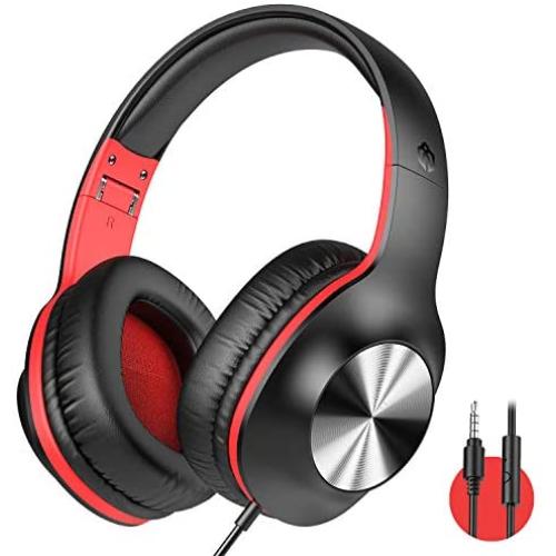 iClever Over Ear Headphones with Microphone - Foldable Lightweight Stereo Headphones, Adjustable Wired Headphones with 3.5mm Jack for Online Class/Meeting/iPad/Smartphone/Computer, Black&Red