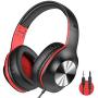iClever Over Ear Headphones with Microphone - Foldable Lightweight Stereo Headphones, Adjustable Wired Headphones with 3.5mm Jack for Online Class/Meeting/iPad/Smartphone/Computer, Black&Red
