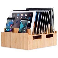 MobileVision Bamboo 10-Port Charging Station & Docking Organizer for Smartphones & Tablets, Family-Sized, for use in Corporate Offices & Classrooms