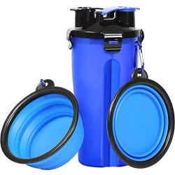 Dog Water Bottle Dog Bowls for Traveling Pet Food Container 2-in-1 with Collapsible Dog Bowls, Outdoor Dog Water Bowls for Walking Hiking Travelling … (Blue)