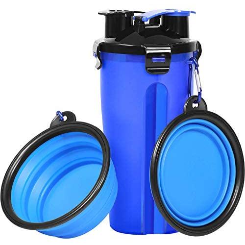 Dog Water Bottle Dog Bowls for Traveling Pet Food Container 2-in-1 with Collapsible Dog Bowls, Outdoor Dog Water Bowls for Walking Hiking Travelling … (Blue)